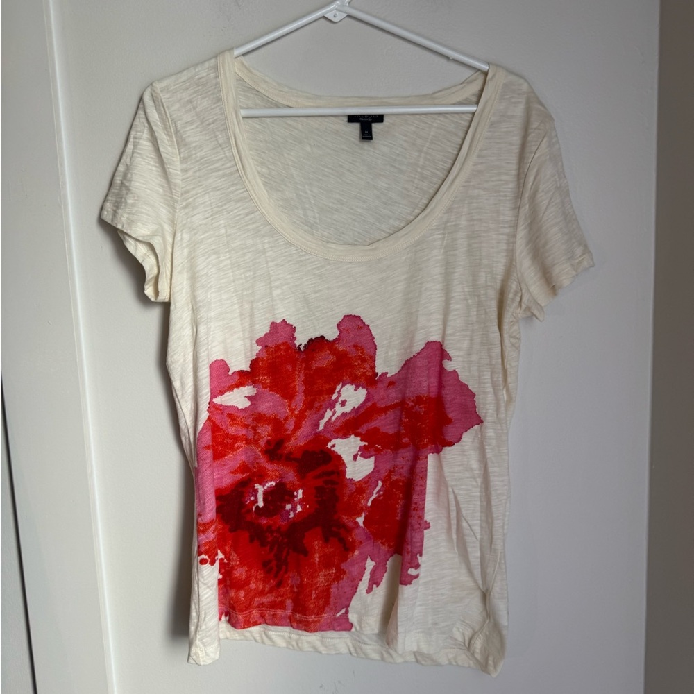 Talbots Cream Tee with Red Floral Design